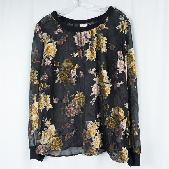 A New Day Floral Velvet Burnout Mesh Pullover Womens Large Sheer Whimsigoth - Picture 1 of 14